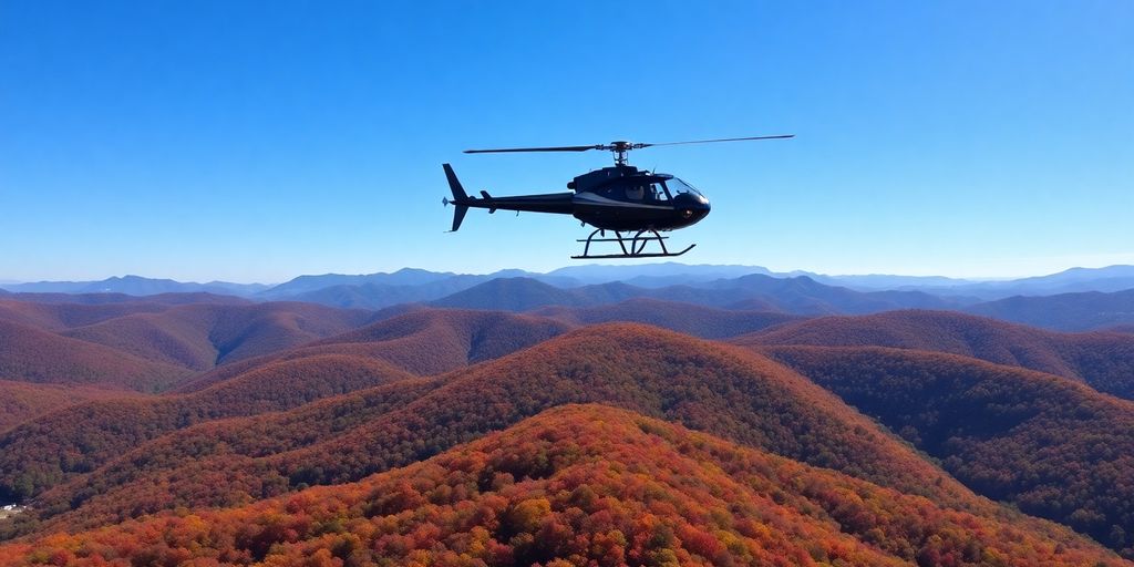 A helicopter flying over the Blue Ridge Mountains in autumn.
