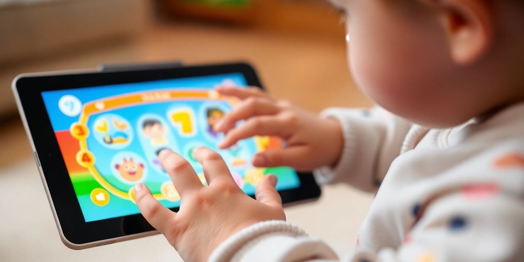 Child playing educational game on tablet.