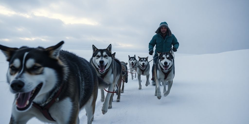 A musher and sled dogs race through a snowy landscape.