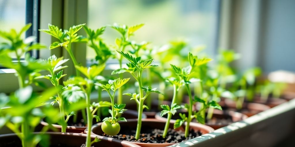 Tomatenpflanzen auf Fensterbank mit Rankhilfen