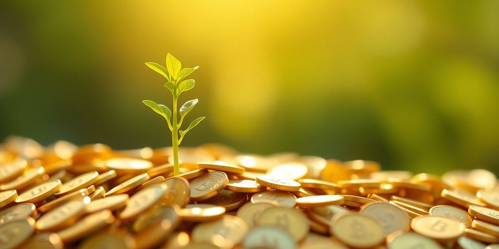 Green plant sprouting from coins.