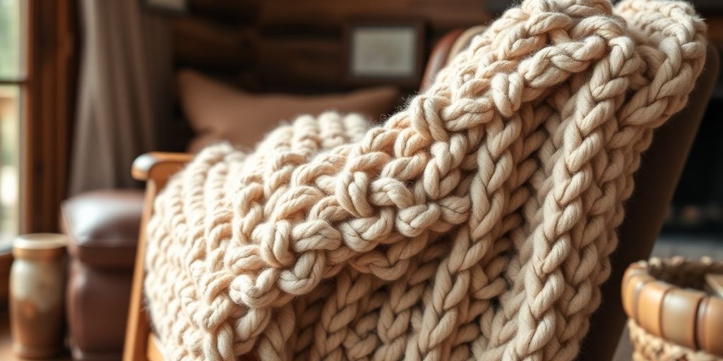 Cozy Colorado throw blanket, chunky yarn, rustic cabin.