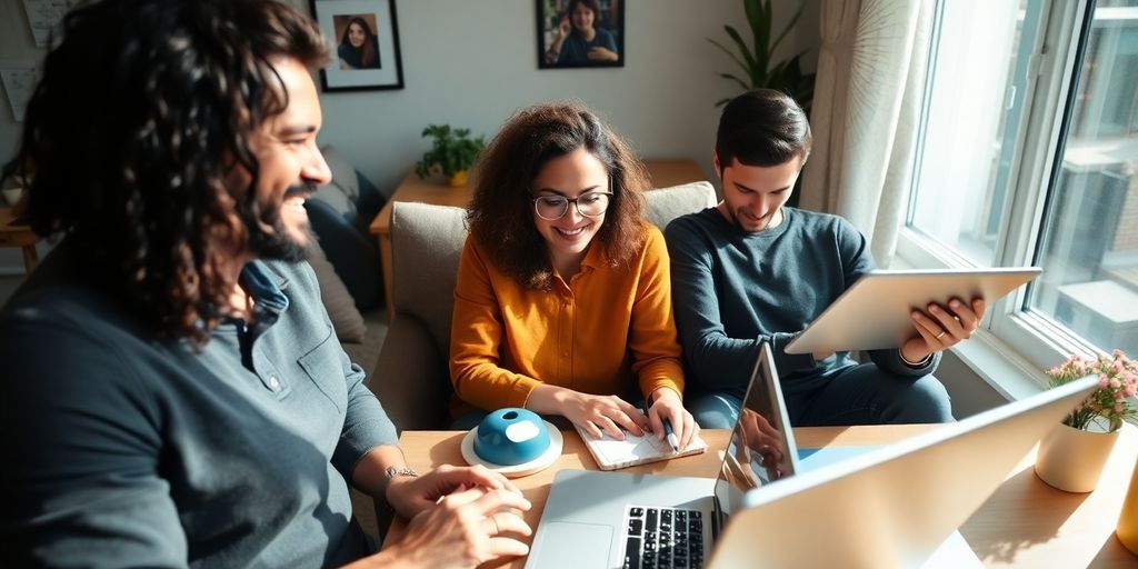 Diverse professionals working remotely, virtual collaboration.
