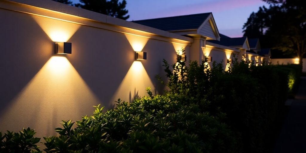 Illuminated exterior wall with stylish lighting and greenery.