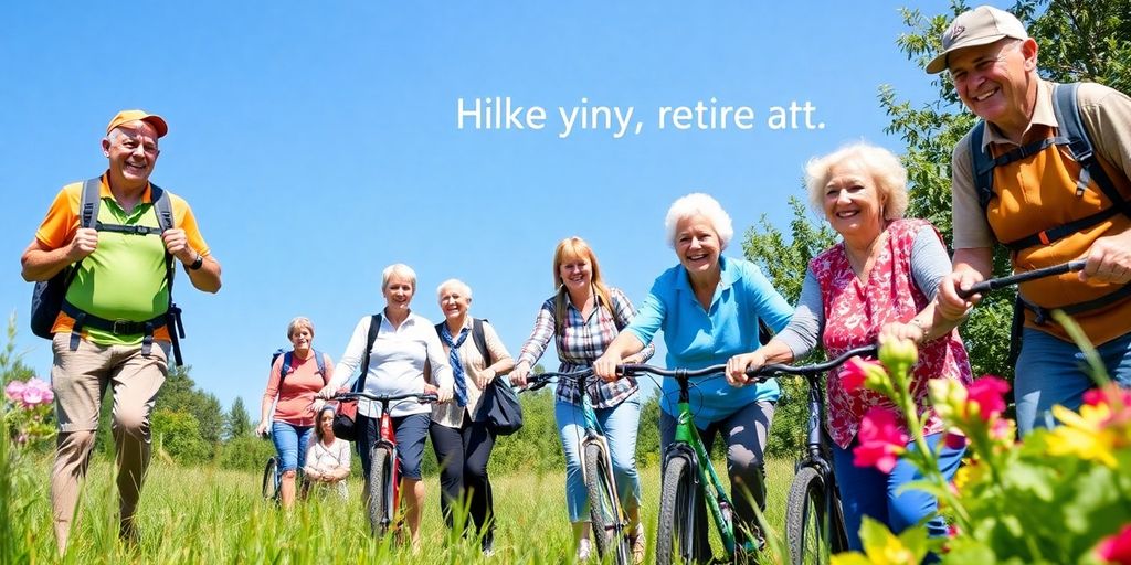 Active retirees enjoying outdoor activities together in nature.