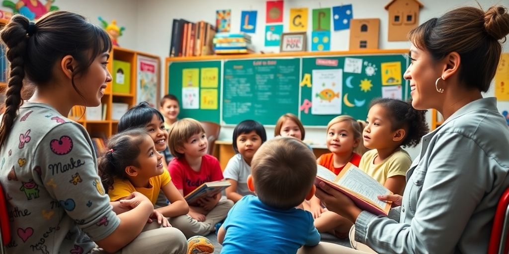 Children listening to a teacher in a classroom setting.