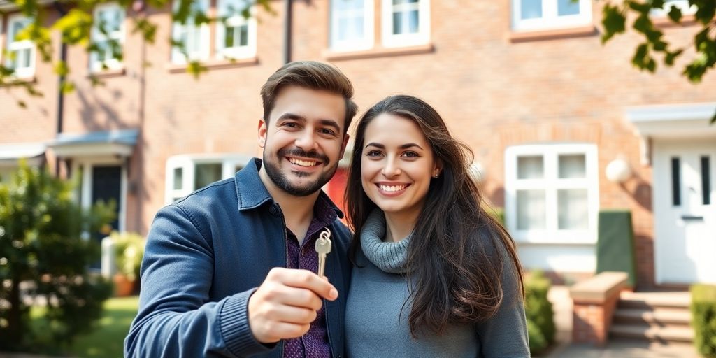 Happy couple with house key before UK home.