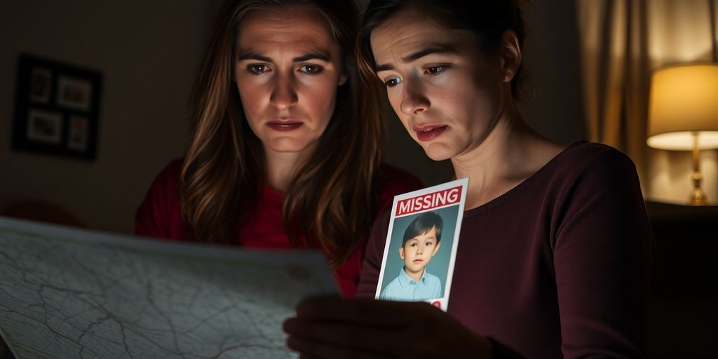 Parent searching for missing child with a photo and map.