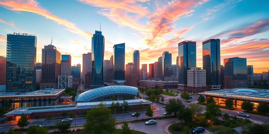 Denver skyline with smart city features and green spaces.
