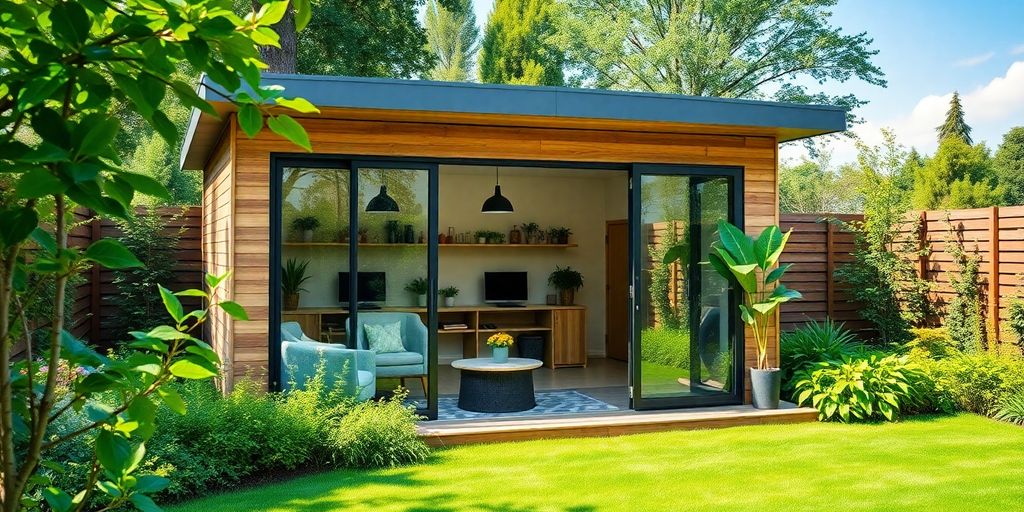 Modern garden shed with stylish workspace and greenery.