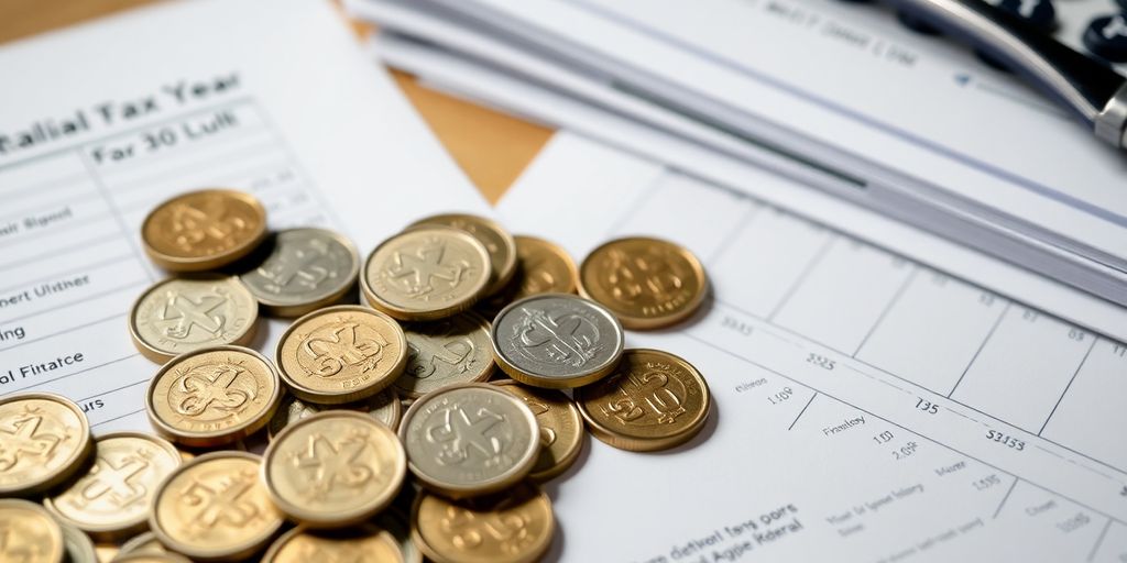Australian dollar coins and leafy green tax forms