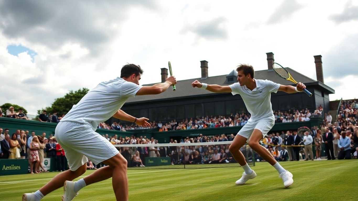 Jogadores de tênis em ação na quadra de Wimbledon.