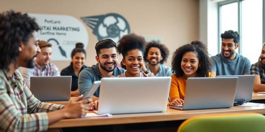 Diverse students engaged in a digital marketing training session.