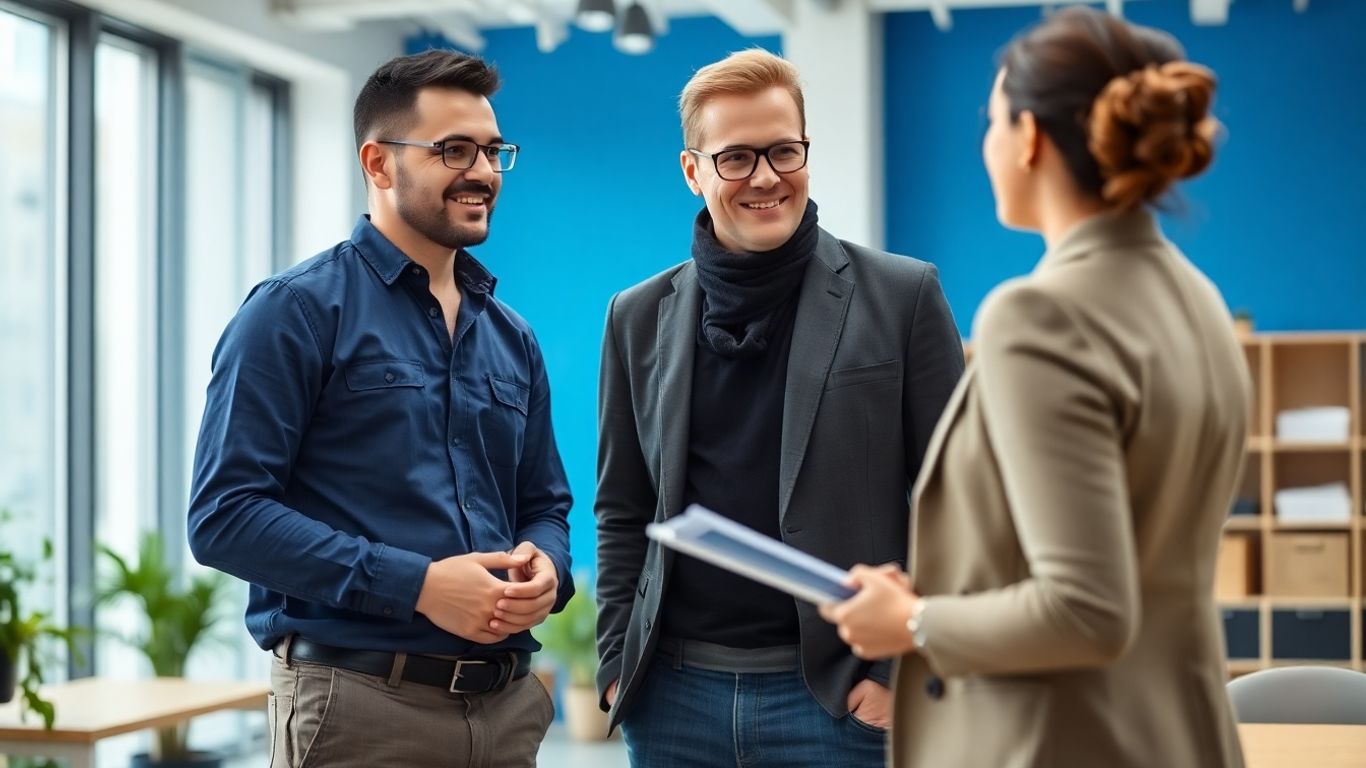 Bau & Handwerk: Passgenaue Fachkräfte dank Personalvermittlung Handwerker und Personaler im Gespräch in einem Büro mit blauen Akzenten.