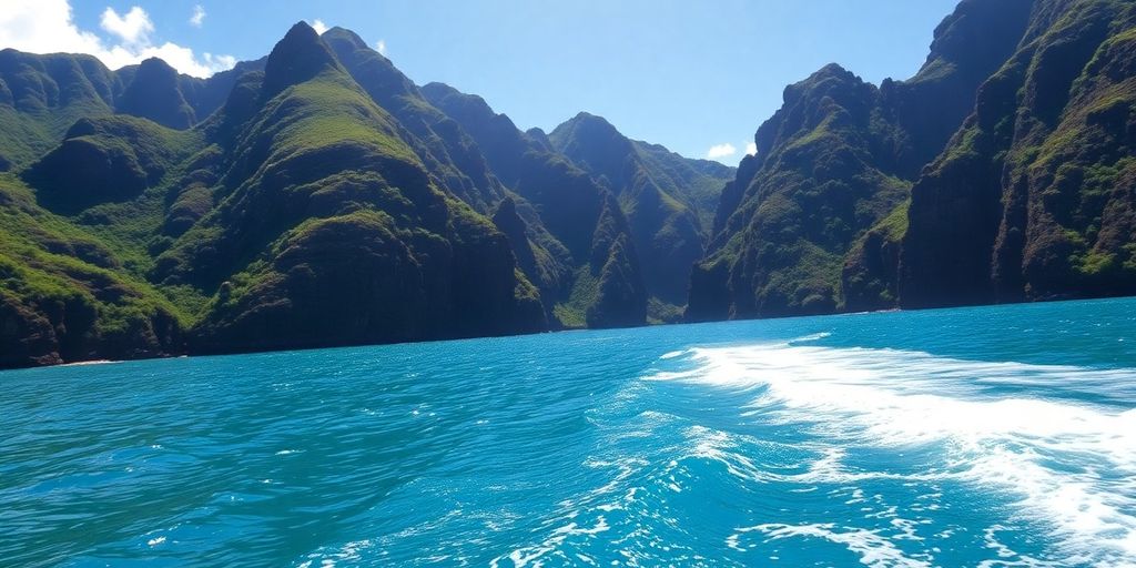 Dramatic cliffs meet serene turquoise waters on Nuku Hiva.