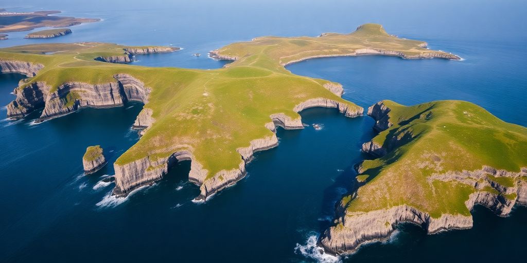 Vue aérienne des îles Drangarnir et Tindhólmur.