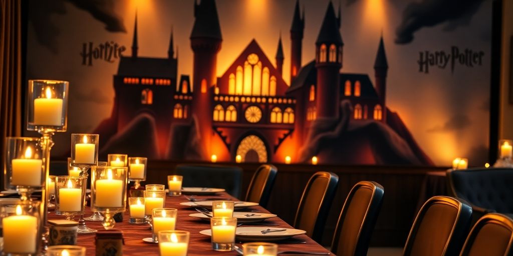 Harry Potter themed party table with magical decorations.