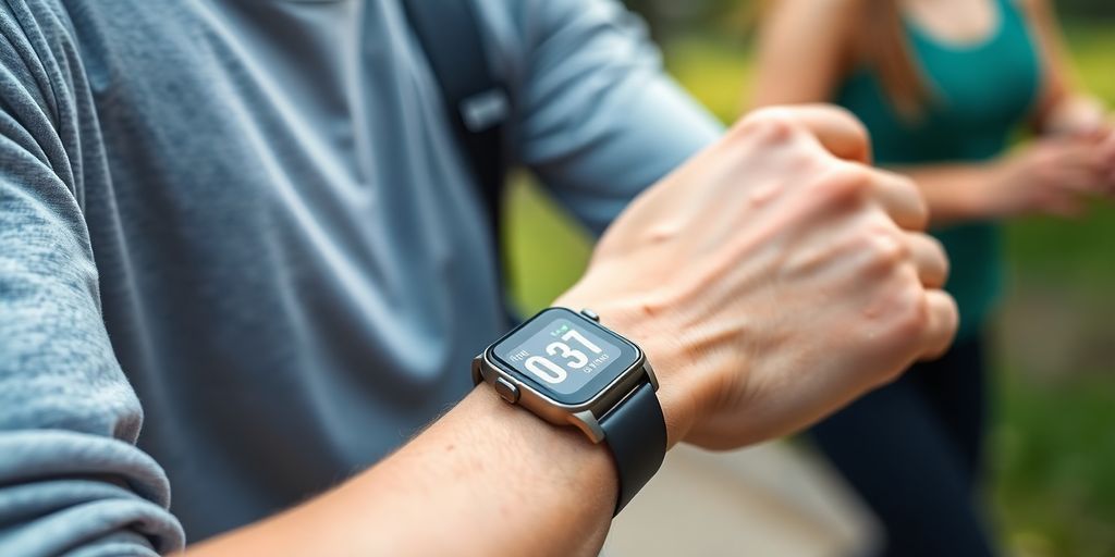 Relógio inteligente no pulso, monitorando saúde.