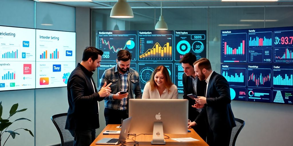 Profissionais de marketing digital em ambiente moderno.