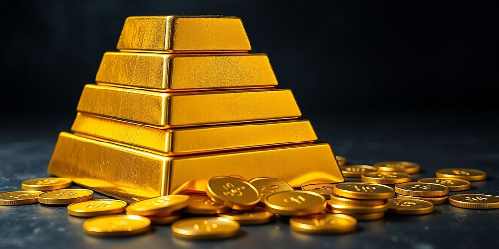 Lingots d'or brillants et pièces d'or sur fond sombre.