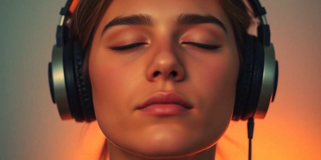 Person relaxing with headphones, soft natural light.