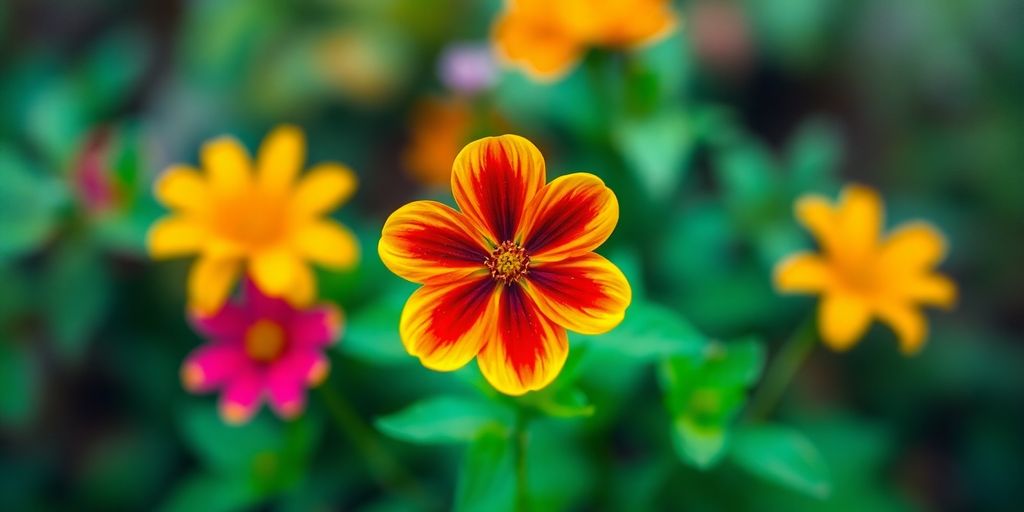 Colorful flower as focal point in blurred greenery background.