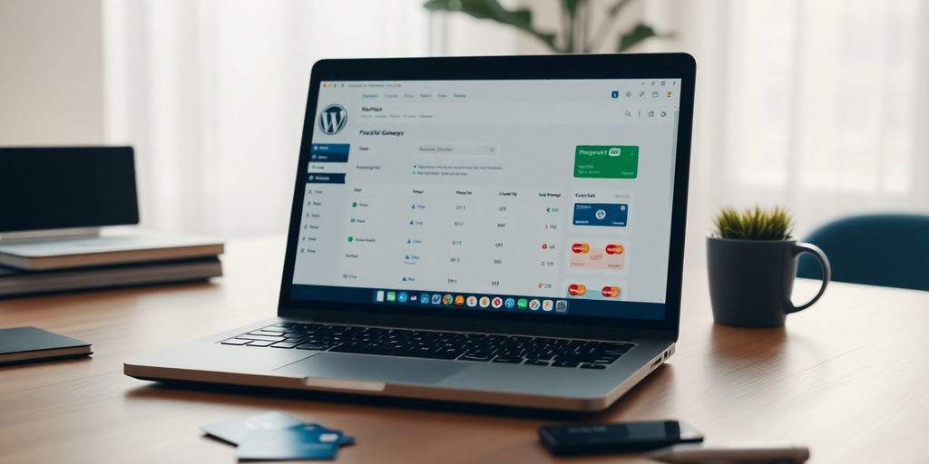 Laptop with WordPress dashboard and payment gateway icons.