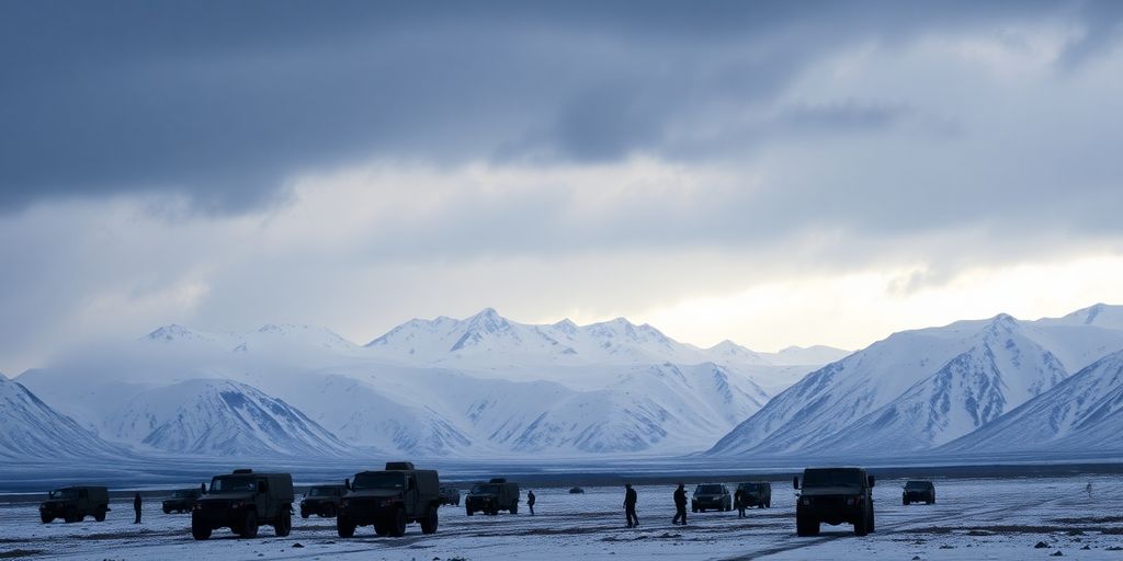 Alaska landscape with military readiness amidst stormy skies.