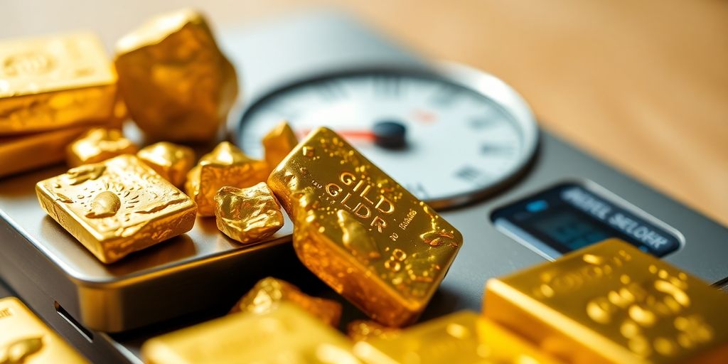 Gros plan sur une balance avec des pépites d'or.