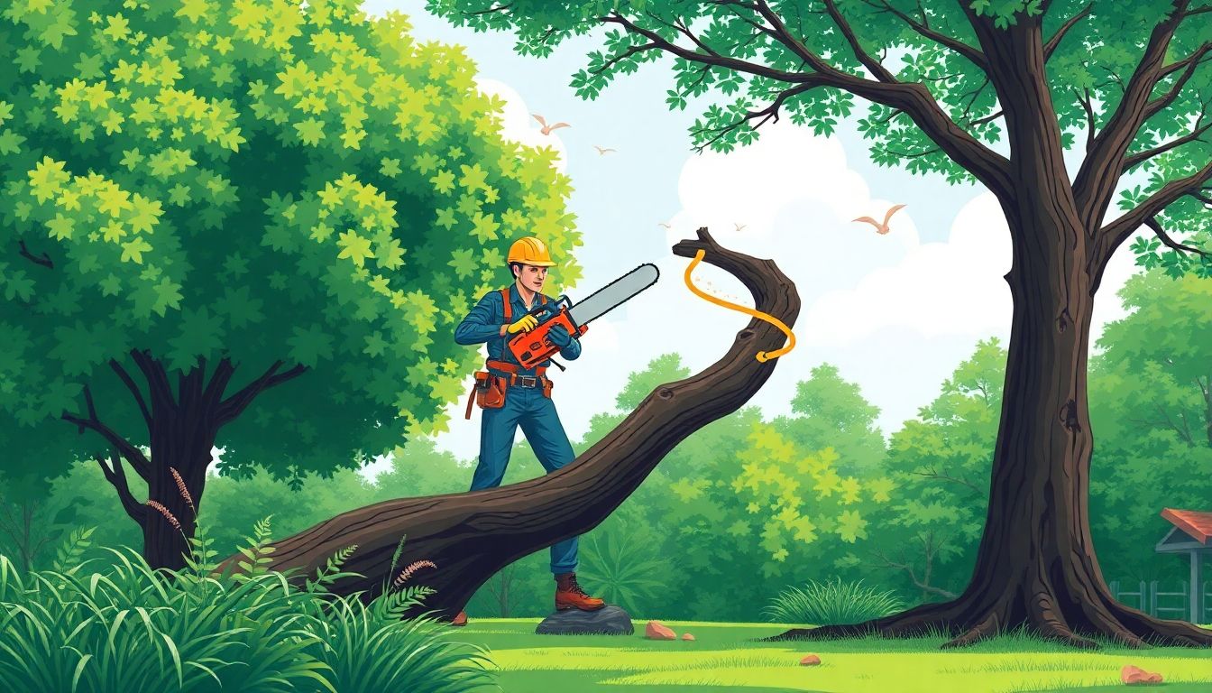 Tree surgeon cutting a branch in a green garden.