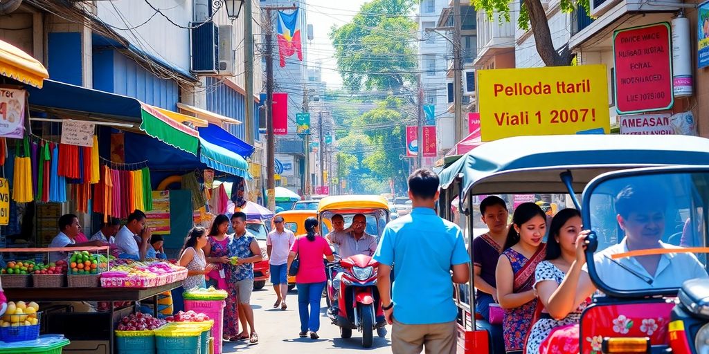Vibrant street scene in Manila with local vendors and jeepneys.