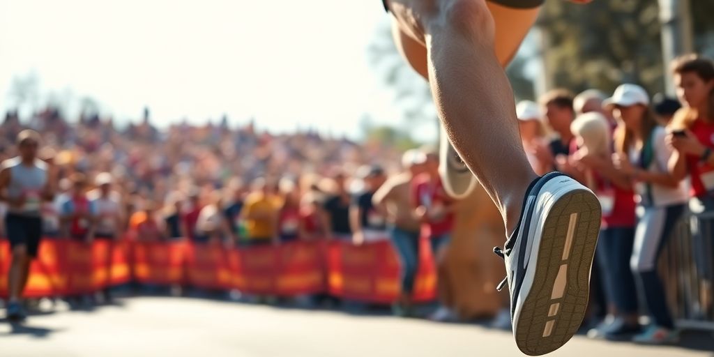 Runner focused on race day, surrounded by cheering spectators.