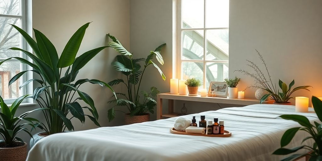 A tranquil wellness space with plants and candles.
