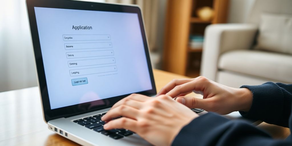 Person typing on laptop, applying online.