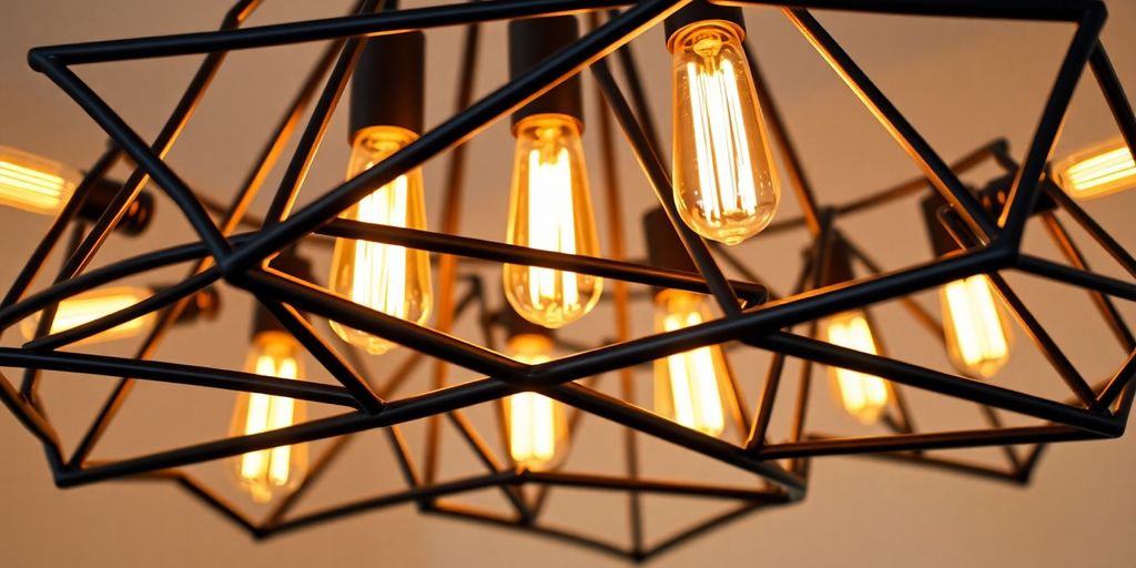 Geometric chandelier with warm glowing bulbs.