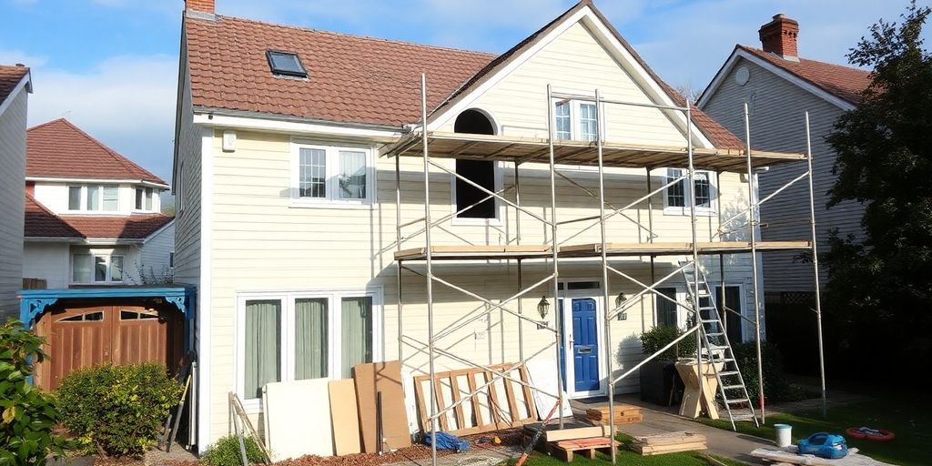 Home exterior undergoing renovation with construction materials.