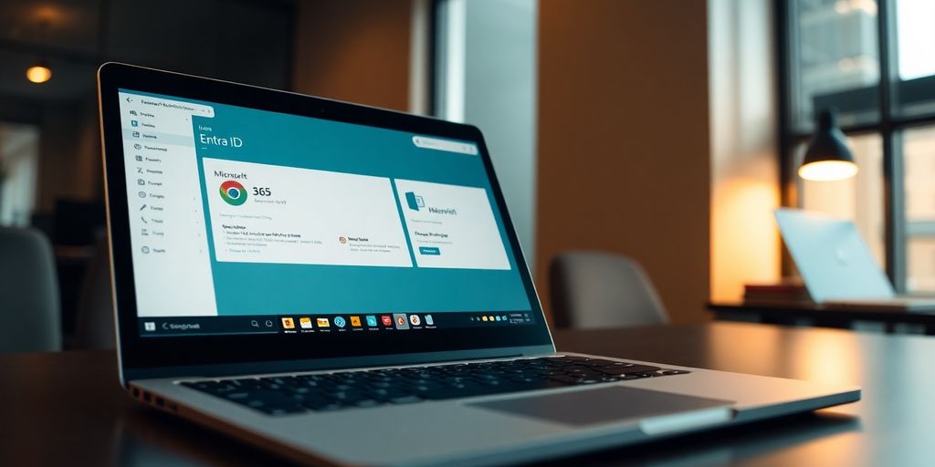 Laptop displaying Microsoft Entra ID and 365 interfaces.