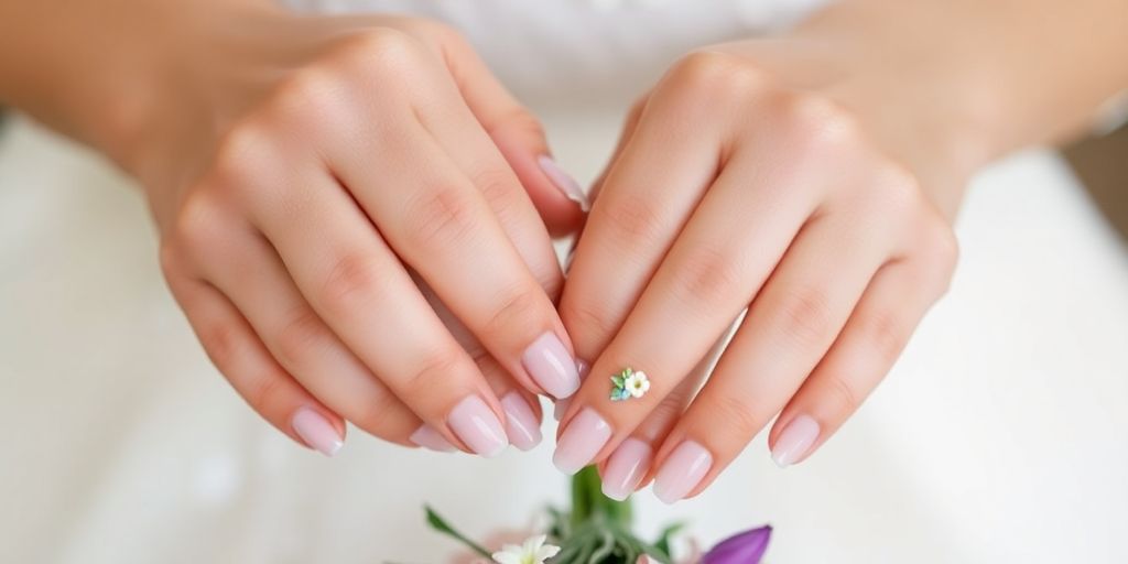 Unhas decoradas delicadas de noiva em foto.