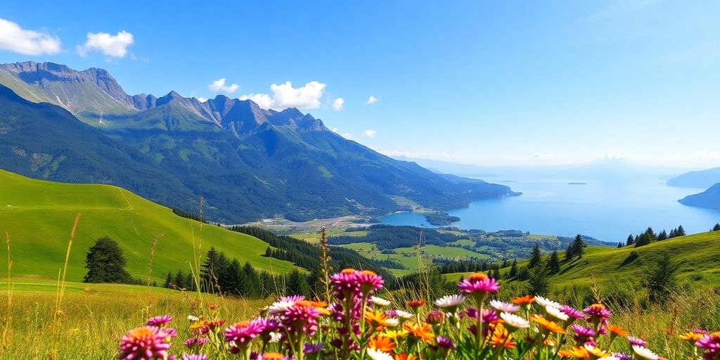 Landschaft im Allgäu mit Bergen und See.