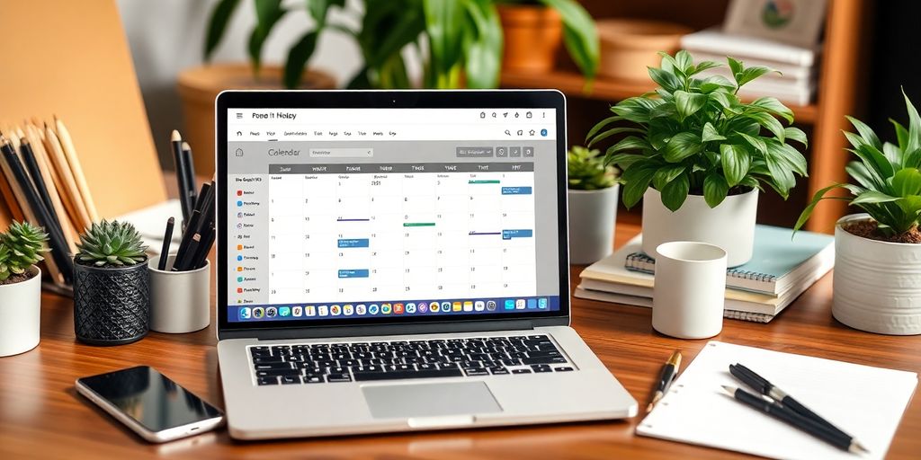 Laptop displaying booking calendar in a well-organized workspace.