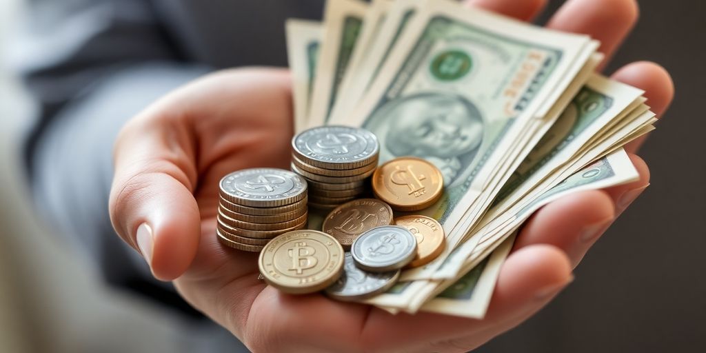 Main en tenant des pièces et des billets.