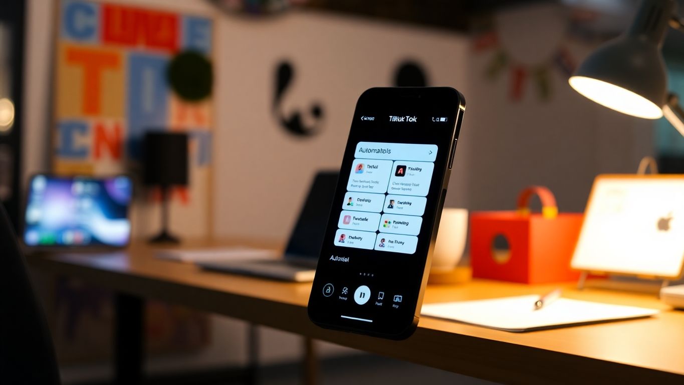 Smartphone showing TikTok interface in a modern workspace.