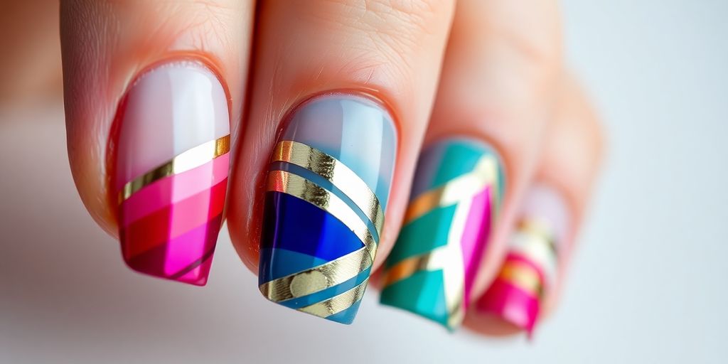 Unhas com fita metálica brilhante e sofisticada.