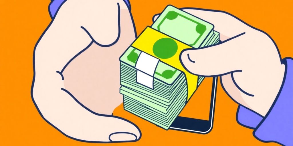 Cartoon hands holding money, smartphone