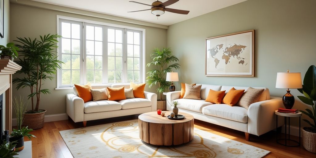 Restored living room with elegant furniture and bright colors.