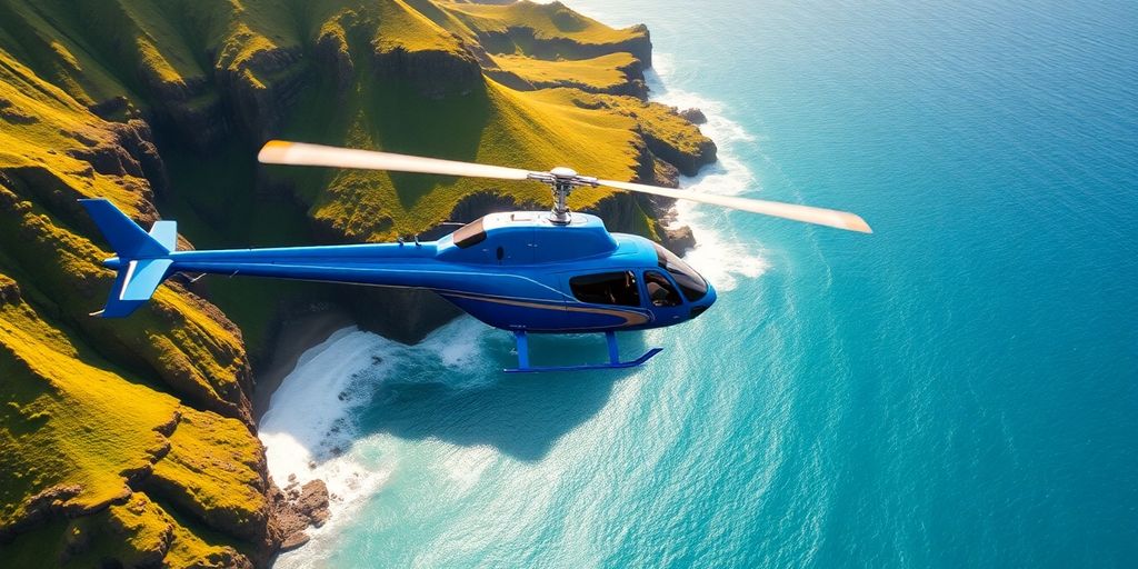 A blue helicopter flies over a Hawaiian volcanic coast.