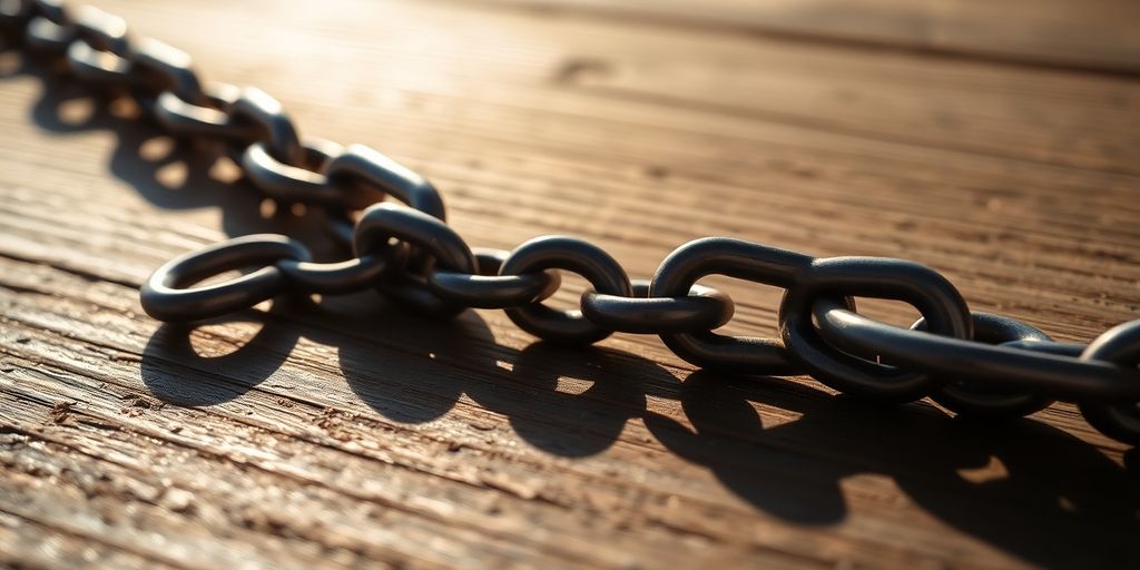 Broken chain on wood, symbolizing freedom from addiction.