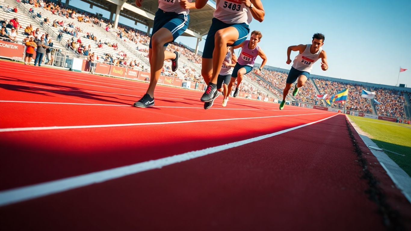 Sprinter breaks white finish tape on red track, crowd watching.