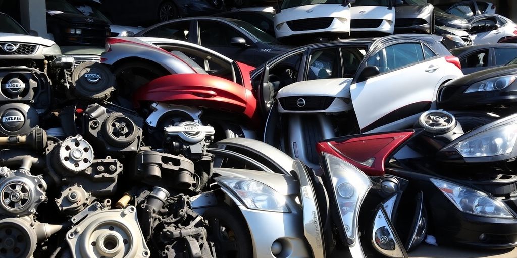 Nissan car parts at a wrecking yard.