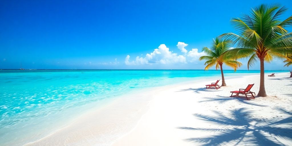 Praia caribenha com águas azuis e areia branca.